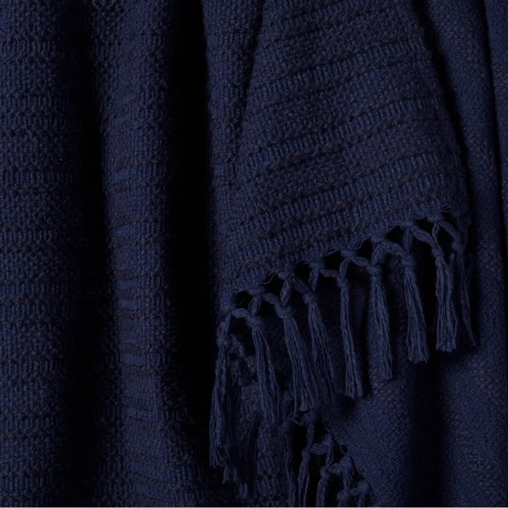 Threshold Cotton Throw Blanket Fringed Edges Navy Blue